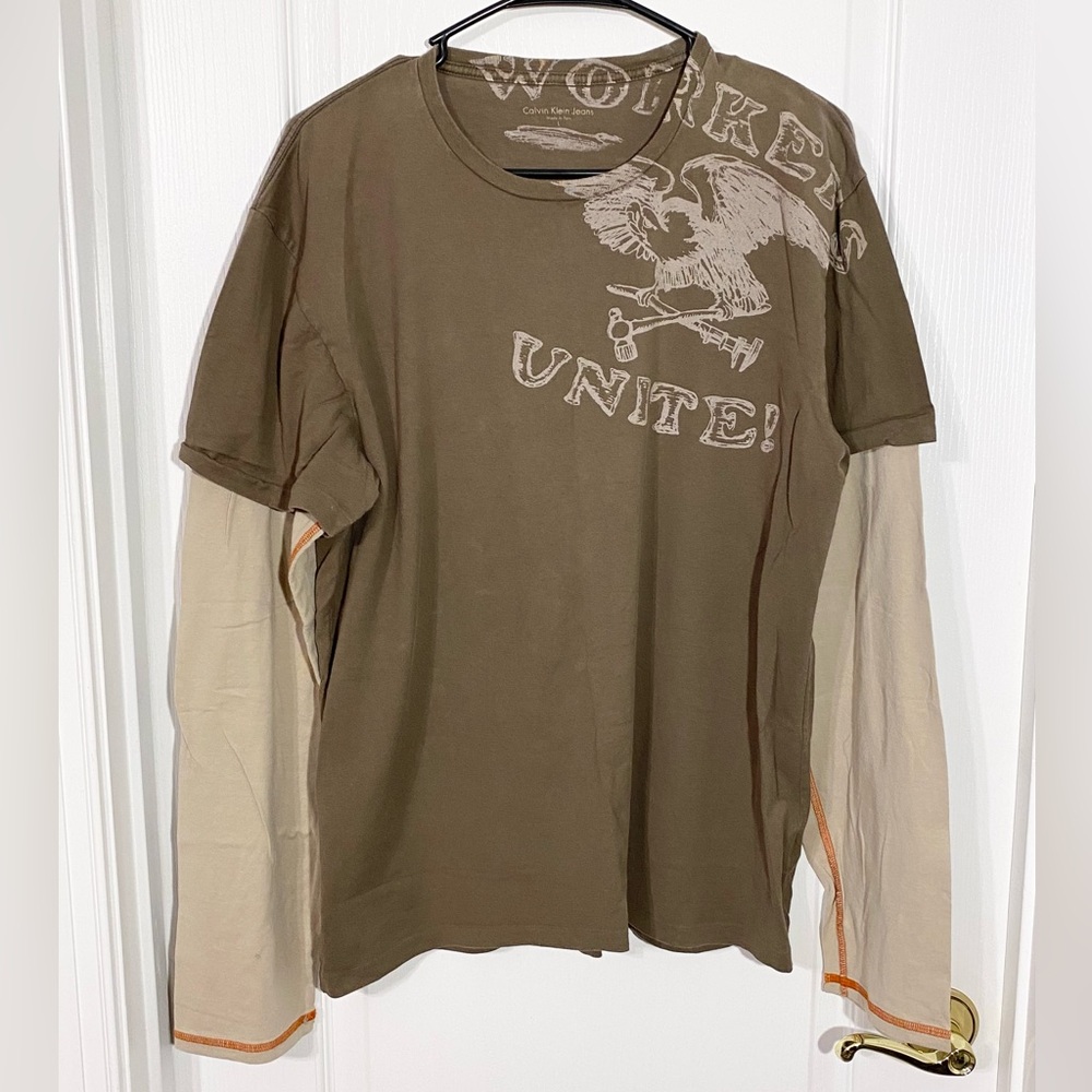 Y2K Calvin Klein Eagle Graphic Contrast Stitch Long Sleeve Tee Brown Tan Men’s L